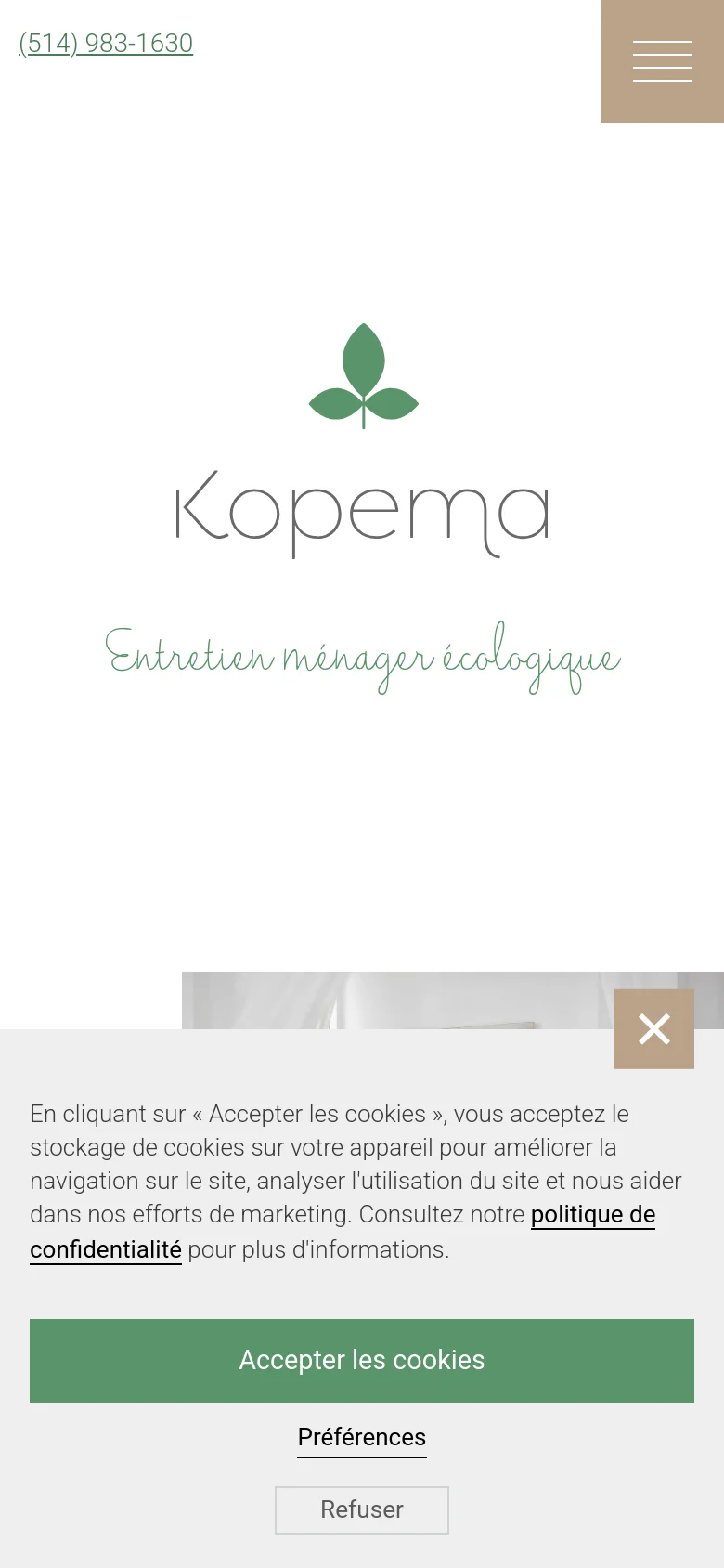 The mobile version simplifies the layout, centering the Kopema logo and headline on a white background. The navigation menu is condensed into a hamburger icon in the top right, and the cookie consent banner occupies the bottom portion of the screen with large, stacked buttons.