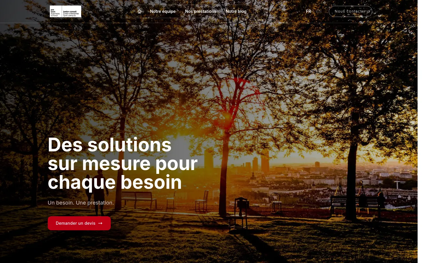 Desktop view of the 'Nos prestations' page featuring a hero image of a sunlit park with trees and city skyline. The headline 'Des solutions sur mesure pour chaque besoin' is prominently displayed in white, followed by a red 'Demander un devis' call-to-action button. A navigation bar at the top includes the emlyon logo, menu links, and a contact button.