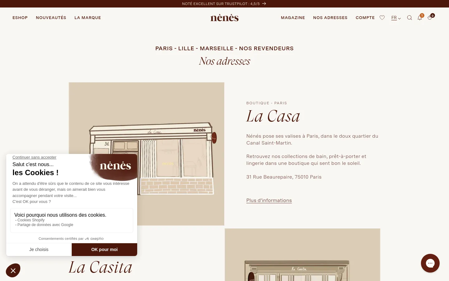 The desktop page features a minimalist design with a beige background and serif typography. It displays a large illustration of 'La Casa' boutique in Paris, followed by text sections for the Paris and Lille locations and partner retailers, each accompanied by a square image. A cookie consent banner overlays the bottom left of the screen.