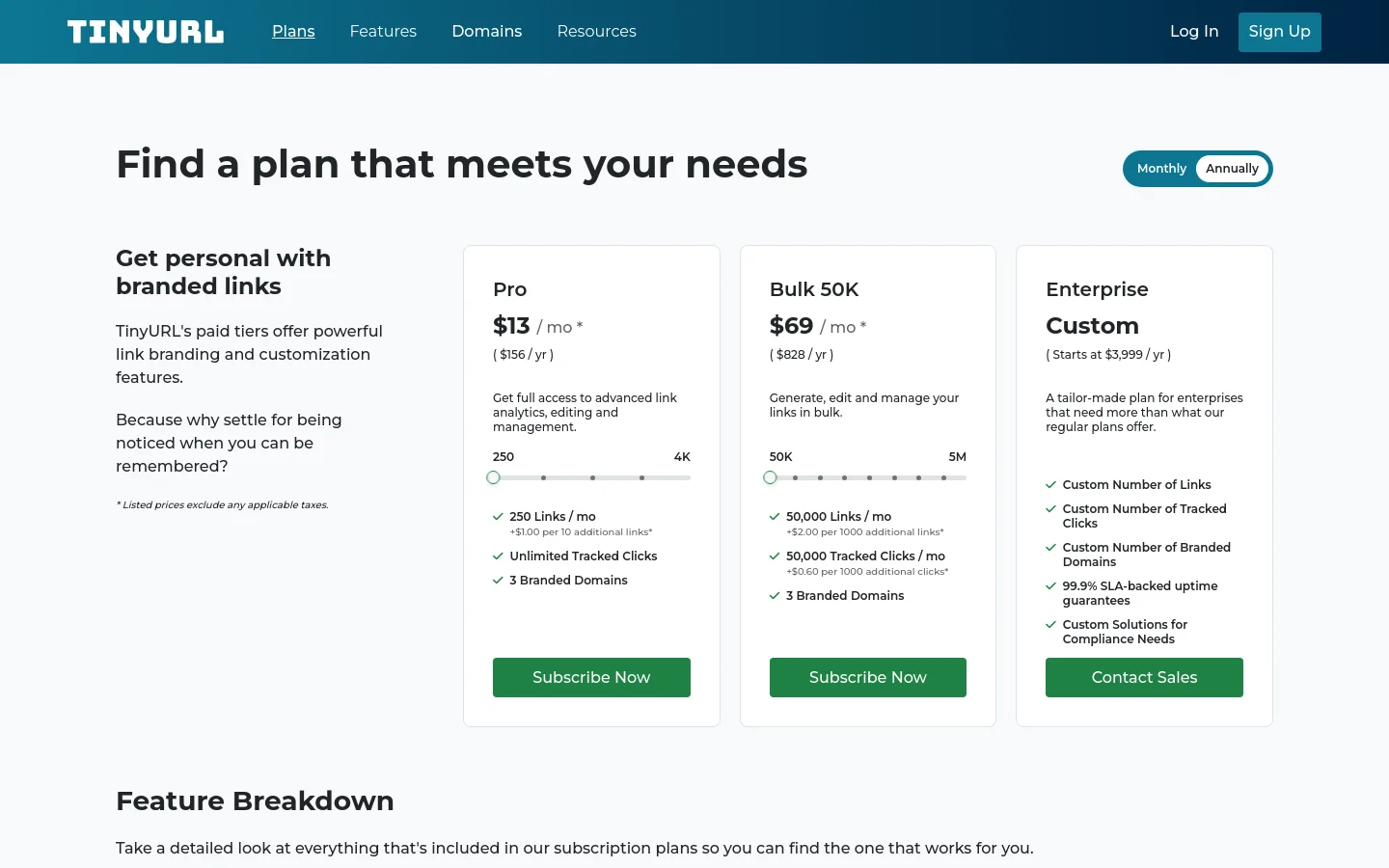 The desktop pricing page features a clean white background with a dark blue header. A large headline 'Find a plan that meets your needs' is followed by a monthly/annually toggle and three pricing cards for Pro, Bulk 50K, and Enterprise plans arranged horizontally. Each card includes pricing, feature lists, and a green call-to-action button.