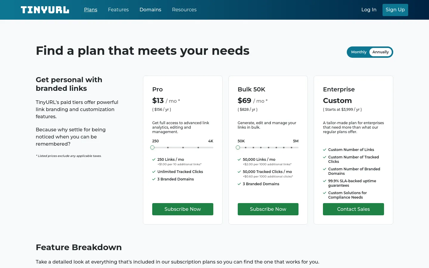 The desktop pricing page features a clean white background with a dark blue header. A large headline 'Find a plan that meets your needs' is followed by a monthly/annually toggle and three pricing cards for Pro, Bulk 50K, and Enterprise plans arranged horizontally. Each card includes pricing, feature lists, and a green call-to-action button.
