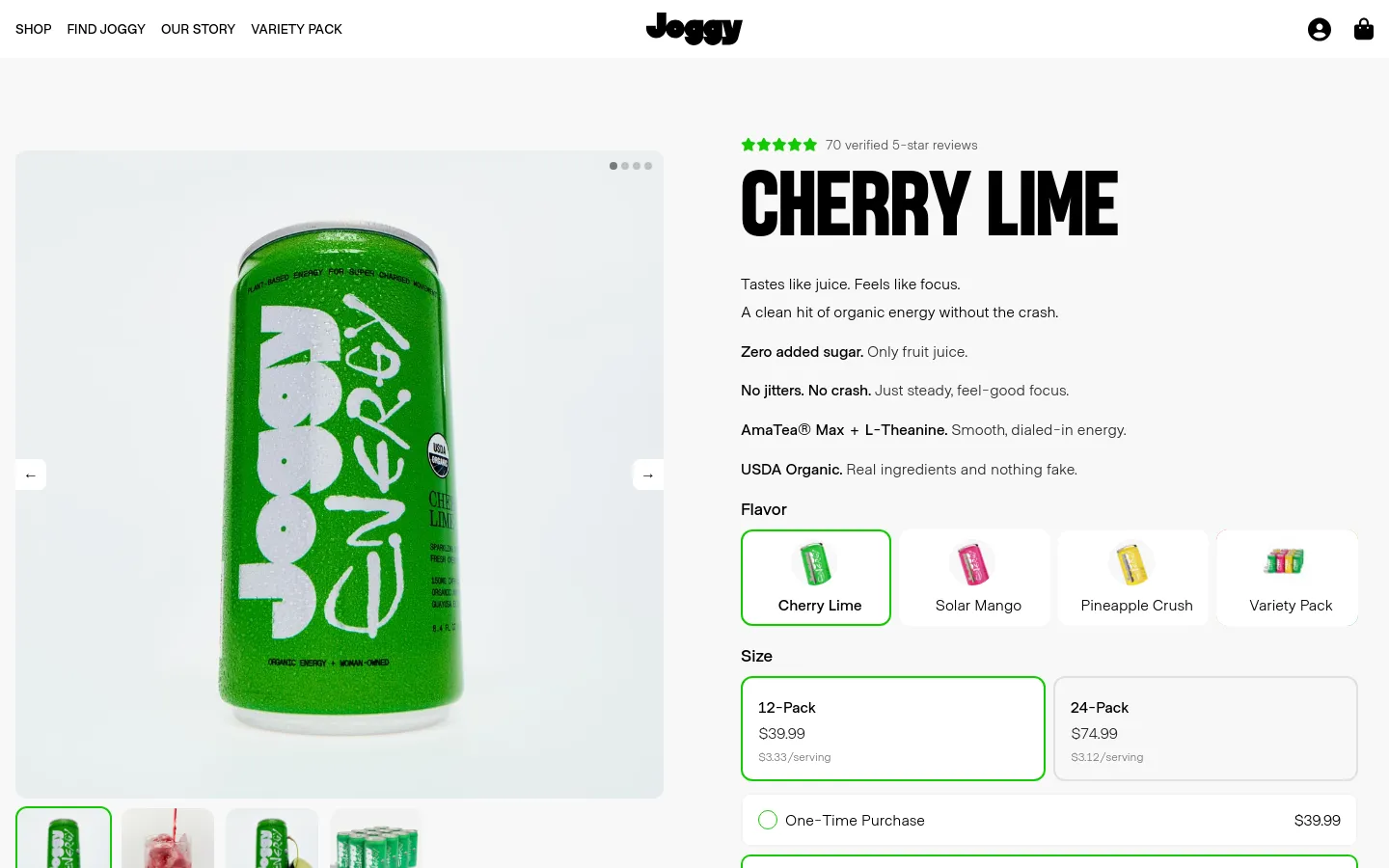 The desktop product page for Cherry Lime Joggy Energy features a large hero image of a green energy drink can on a light gray background. To the right, the product title 'CHERRY LIME' is displayed in bold black text above product benefits, flavor selection tiles, and size options. A navigation bar at the top includes the Joggy logo, links, and account/cart icons.