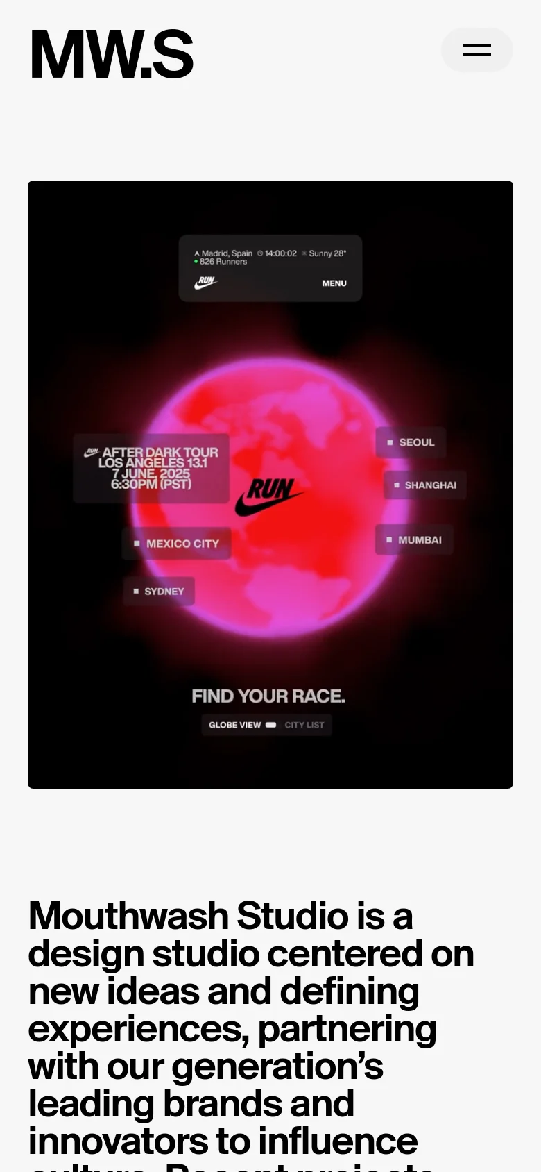 Mouthwash Studio mobile homepage with a stacked layout. The hero section features a large, atmospheric image of a glowing red globe and Nike After Dark Tour text, followed by bold, large-scale typography that spans the width of the screen.