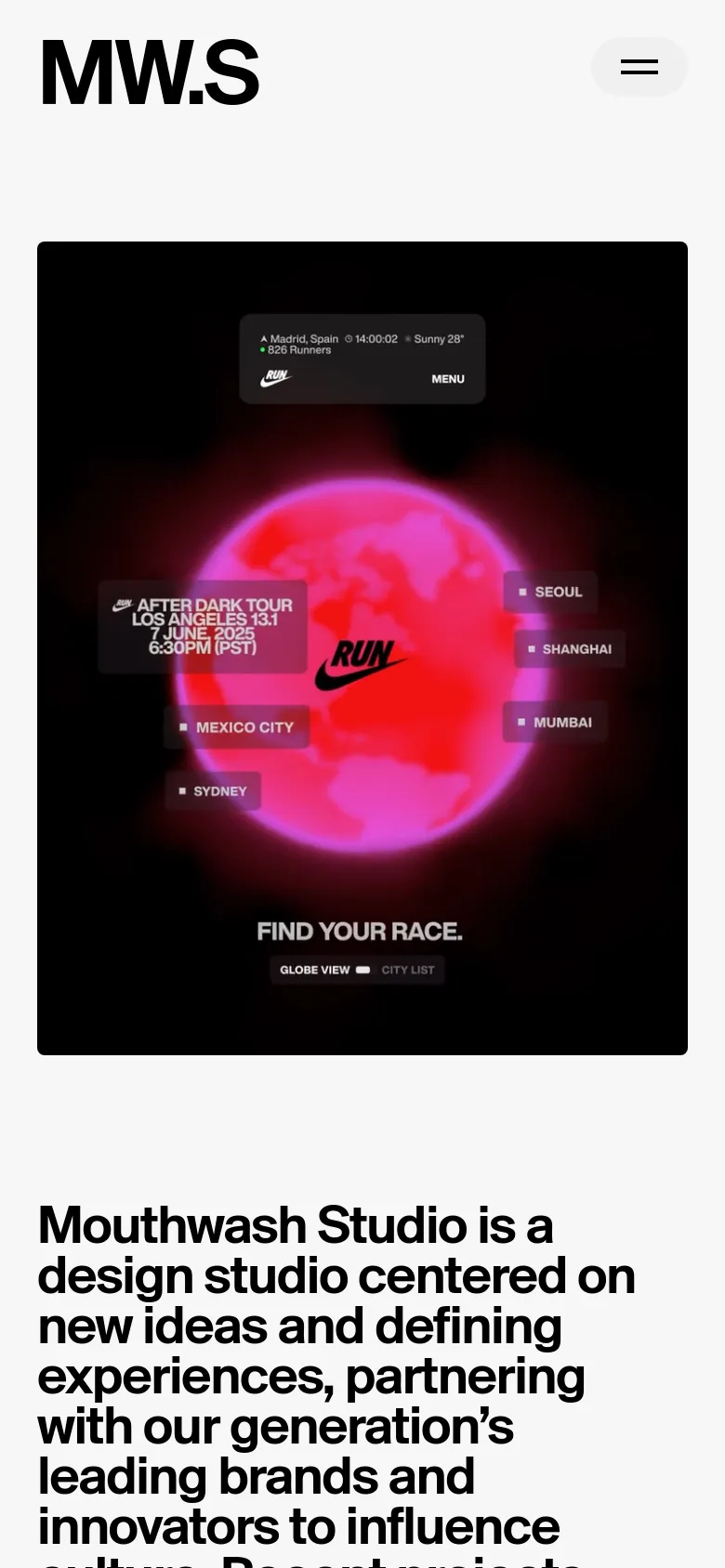 Mouthwash Studio mobile homepage with a stacked layout. The hero section features a large, atmospheric image of a glowing red globe and Nike After Dark Tour text, followed by bold, large-scale typography that spans the width of the screen.