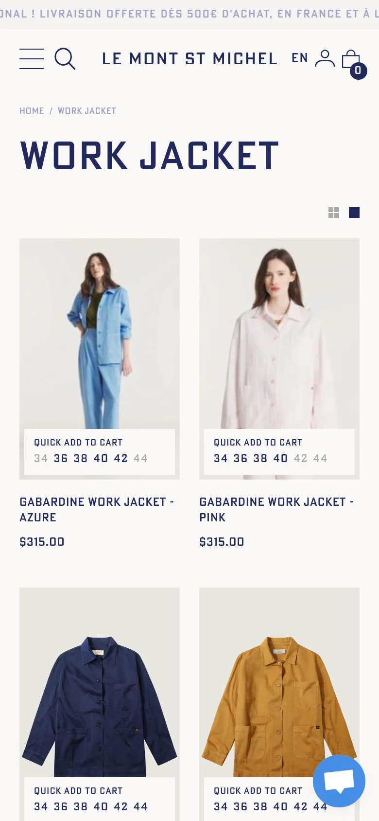 The mobile version presents a vertically stacked layout optimized for small screens, with the 'Work Jacket' title prominently displayed at the top. The product grid shifts to a single or double column, showing large product images with 'Quick add to cart' buttons and size links directly beneath each item. Navigation is condensed into a hamburger menu and a simplified header with search, profile, and cart icons.