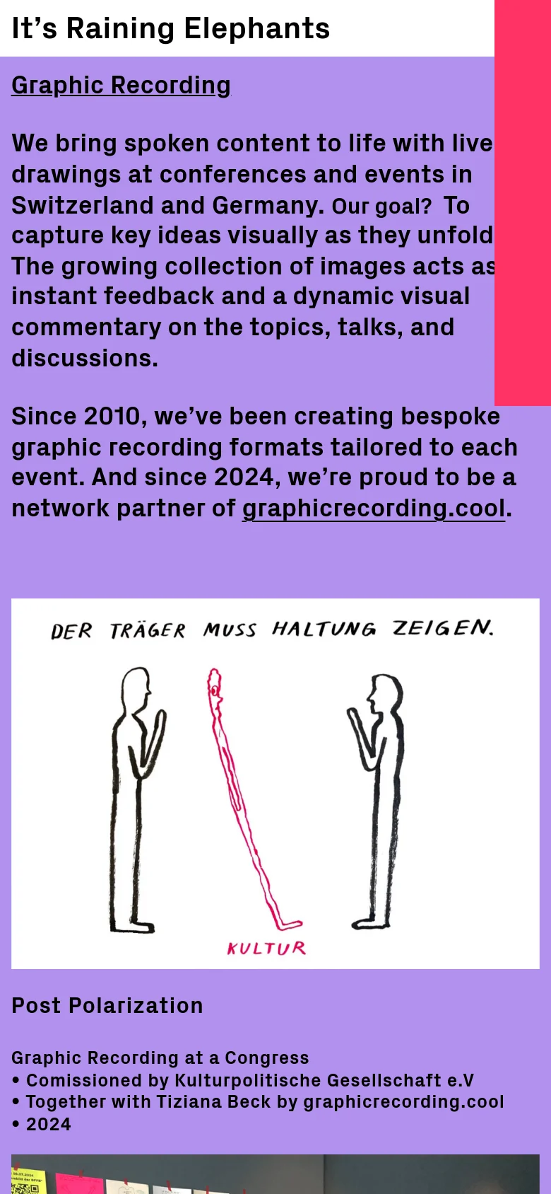 The mobile version uses a vertical stack layout on a light purple background. The navigation menu is simplified, and the text content appears above the large hand-drawn illustration, which spans the width of the screen. The project details are positioned directly underneath the image instead of in a sidebar.