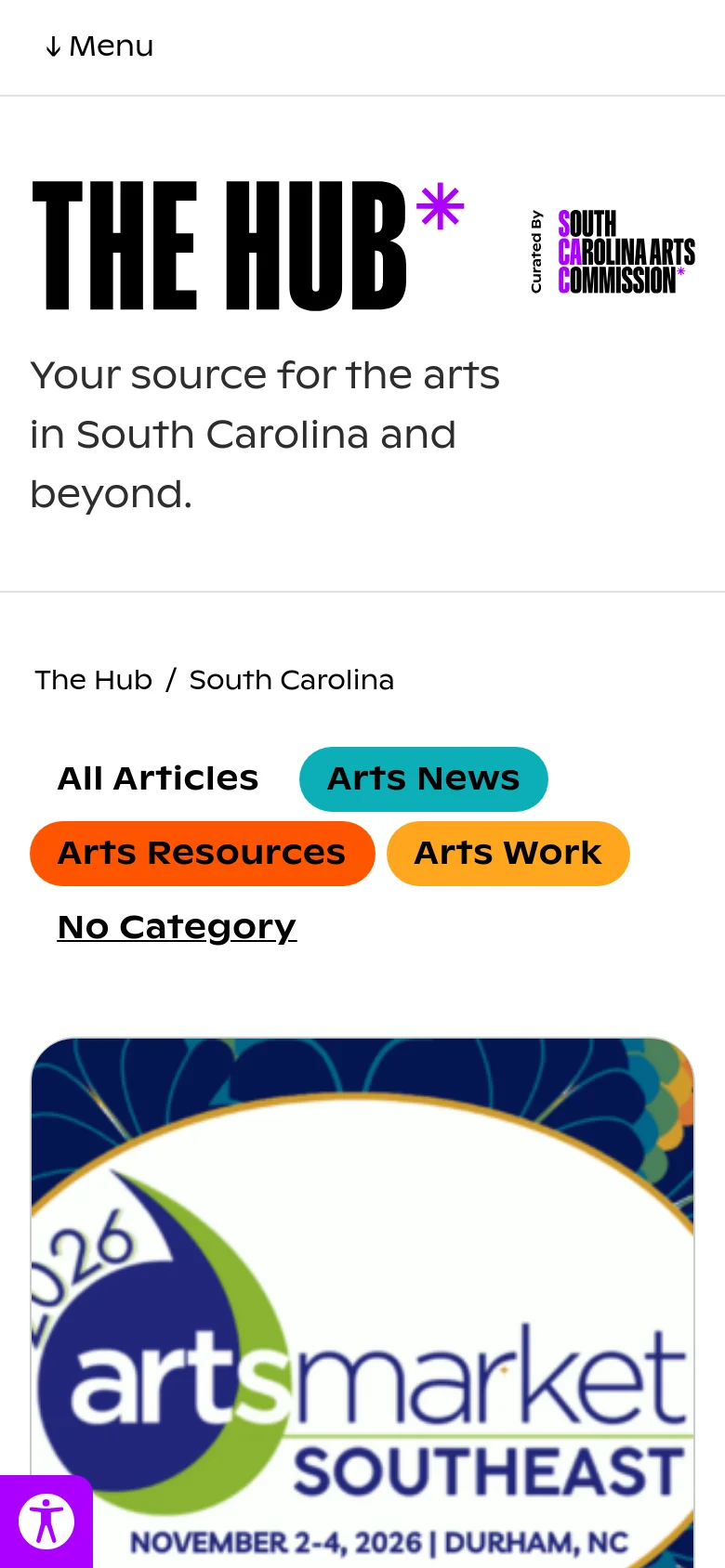 The mobile version simplifies the layout, replacing the top navigation bar with a 'Menu' dropdown. The header remains prominent with the large 'THE HUB' logo and tagline. The category filter buttons are stacked or wrapped to fit the narrower screen width above the large, colorful article image cards.