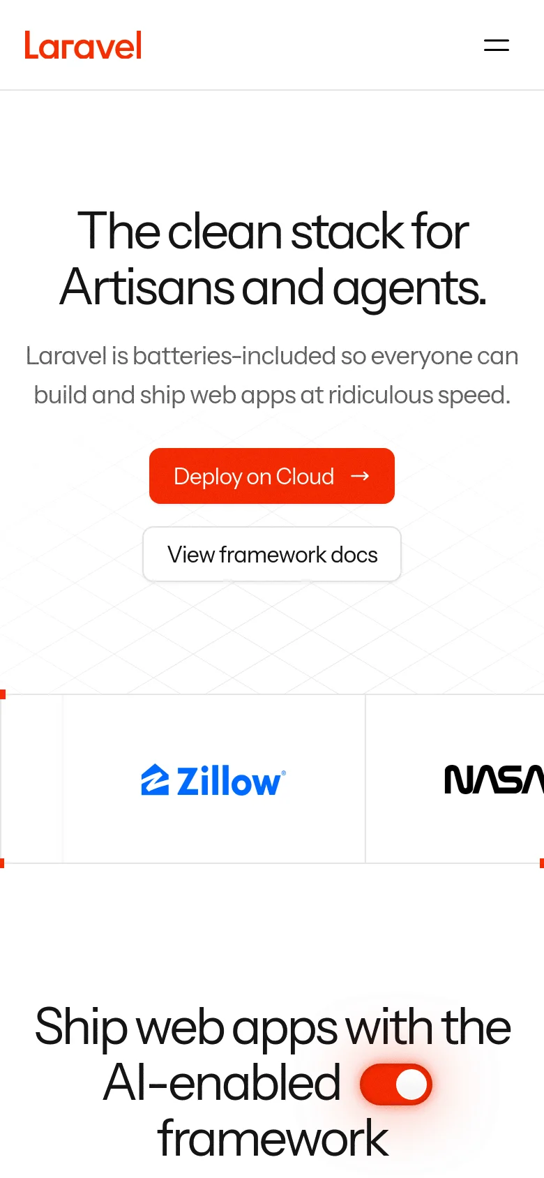 The mobile version maintains the minimalist aesthetic but uses a simplified layout with a hamburger menu in the top right. The hero text is centered, and the 'Deploy on Cloud' and 'View framework docs' buttons are stacked vertically for easier tapping. The logo marquee is also present but occupies a smaller portion of the screen width.