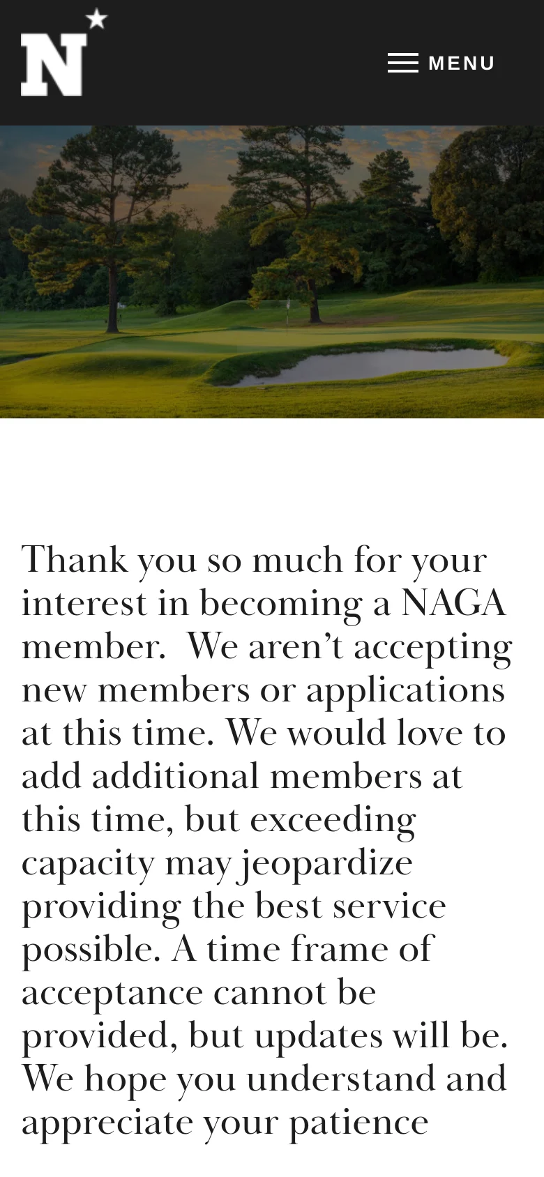 The mobile version simplifies the layout, replacing the horizontal navigation with a 'MENU' hamburger icon next to the white logo. The hero image of the golf course is scaled for a vertical screen, and the membership status text is displayed in a large, easy-to-read serif font below the image.