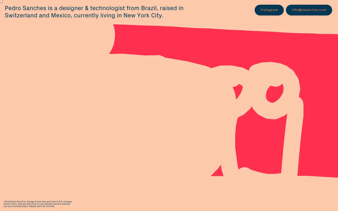 The desktop homepage features a large, minimalist layout with a peach-colored background and a bold pink abstract shape on the right. A headline introduces Pedro Sanches, accompanied by dark blue buttons for Instagram and email in the top right corner. A small disclaimer text is located at the bottom left.