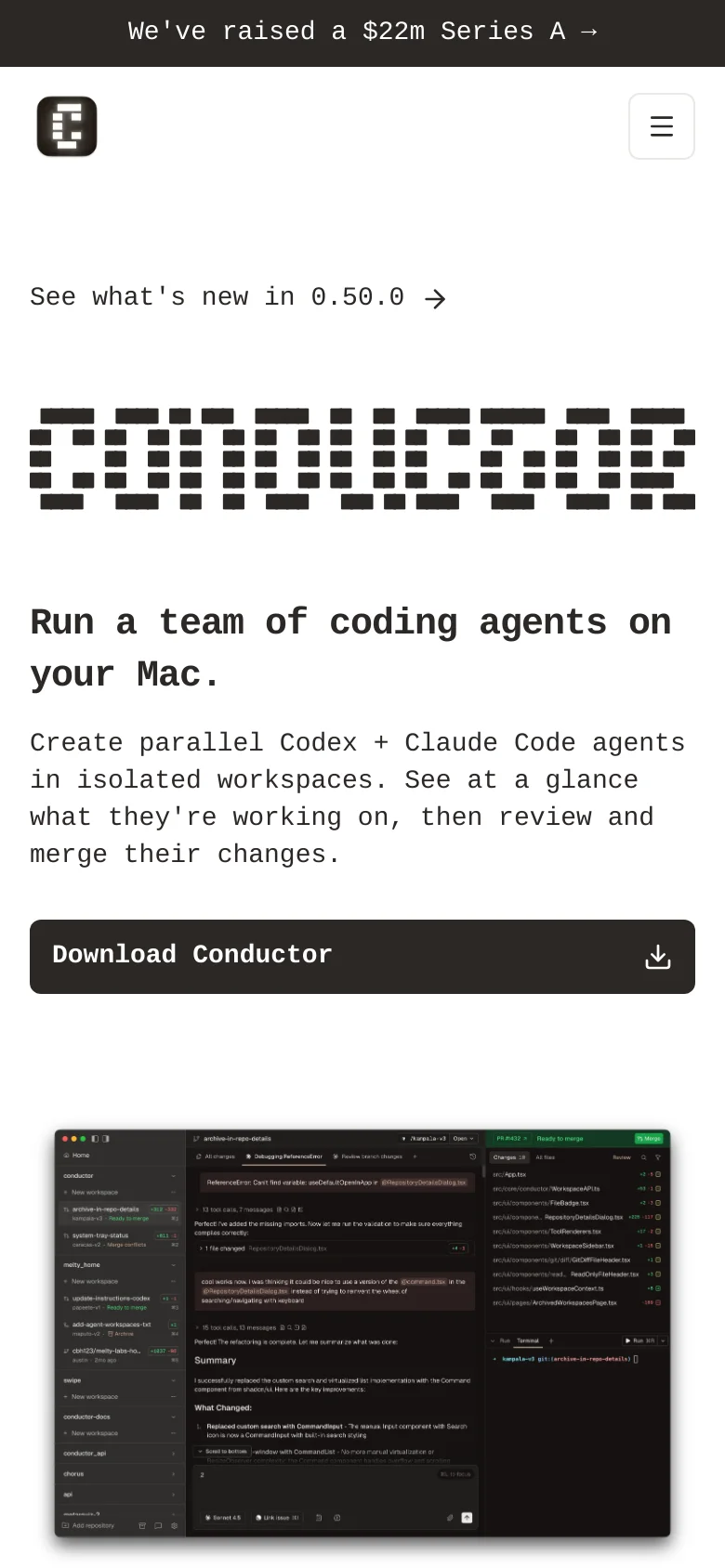 The mobile version uses a single-column layout with a condensed navigation menu represented by a hamburger icon. The hero text and pixelated logo are centered, and the large application screenshot is scaled down to fit the narrow screen width, maintaining the dark aesthetic and primary call-to-action buttons.