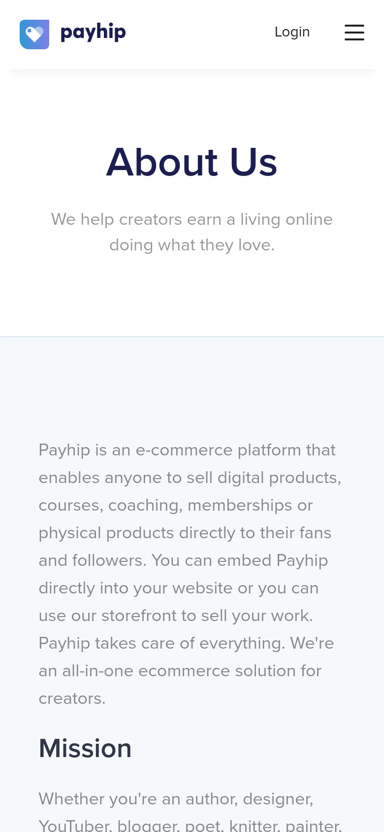 The mobile version maintains the minimalist white and blue color scheme but uses a condensed layout. The navigation is tucked into a hamburger menu icon in the top right, and the 'About Us' hero section is vertically stacked with centered text to fit the narrow screen width.