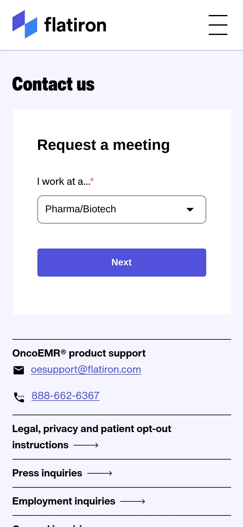 The mobile version uses a single-column vertical layout optimized for small screens. The 'Request a meeting' card is stacked at the top, followed by the product support contact information and a list of inquiry links with arrow icons. The navigation is condensed into a hamburger menu icon in the top right corner.