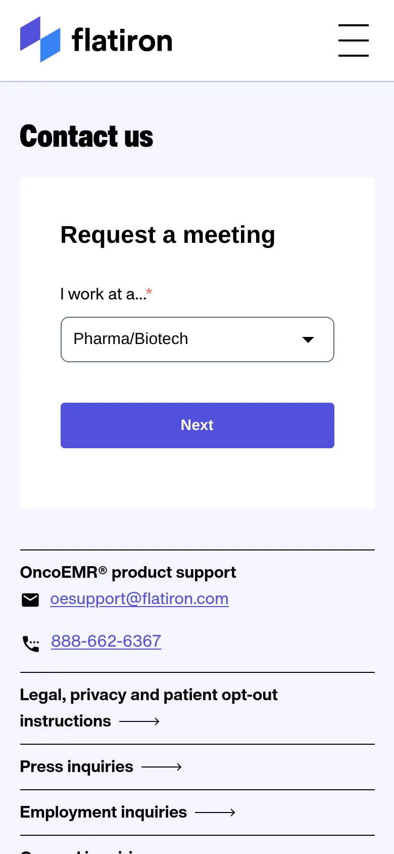 The mobile version uses a single-column vertical layout optimized for small screens. The 'Request a meeting' card is stacked at the top, followed by the product support contact information and a list of inquiry links with arrow icons. The navigation is condensed into a hamburger menu icon in the top right corner.