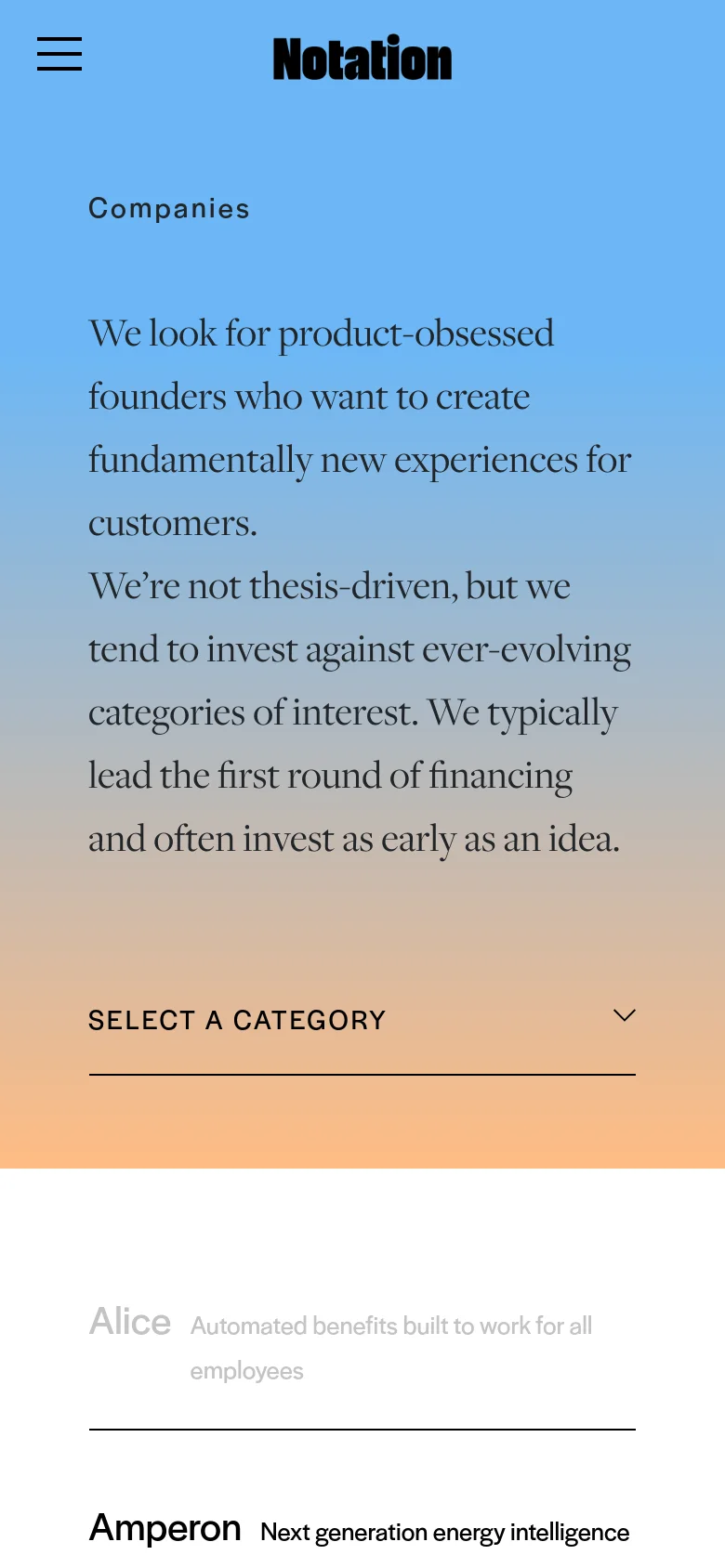 The mobile version maintains the blue-to-peach gradient hero section but uses a hamburger menu icon for navigation instead of a full top bar. The large serif text is stacked vertically to fit the narrower screen, and the 'Select A Category' filter is presented as a condensed dropdown menu above the company list.