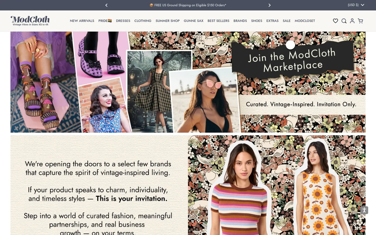The desktop page features a large hero banner with a collage of vintage-inspired fashion photography and a floral pattern background. A dark chalkboard-style overlay reads 'Join the ModCloth Marketplace' above the text 'Curated. Vintage-Inspired. Invitation Only.' Below, a split layout shows text on the left and a large image of two models on the right against a floral backdrop.