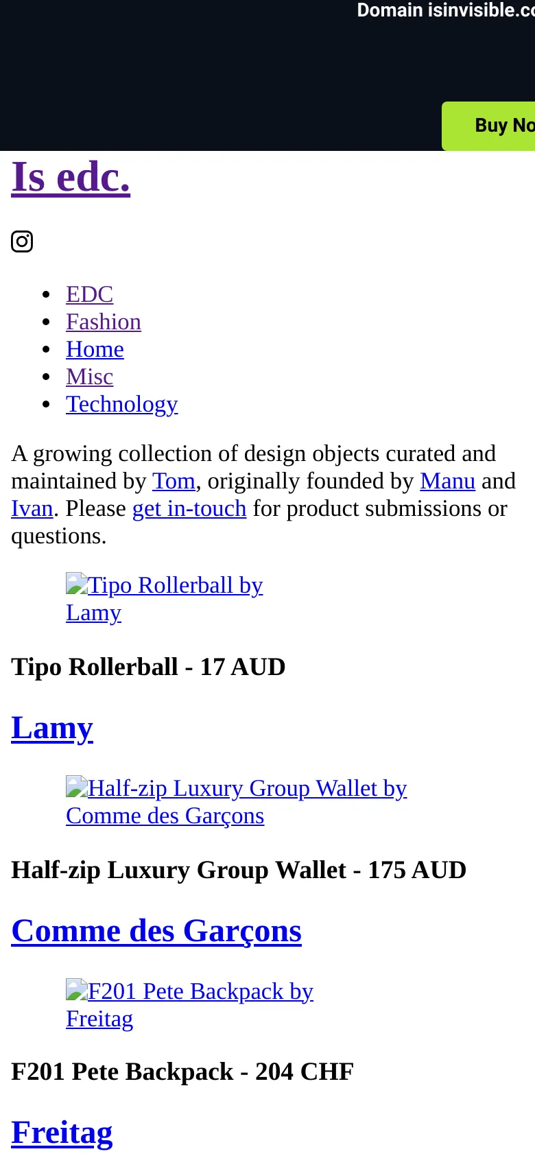 The mobile version maintains the minimalist white and black color scheme but optimizes the layout for a narrow screen. The navigation links and introductory text are stacked vertically, and the product list follows a single-column format where images, product titles, prices, and brand links are centered and vertically aligned for easy scrolling.