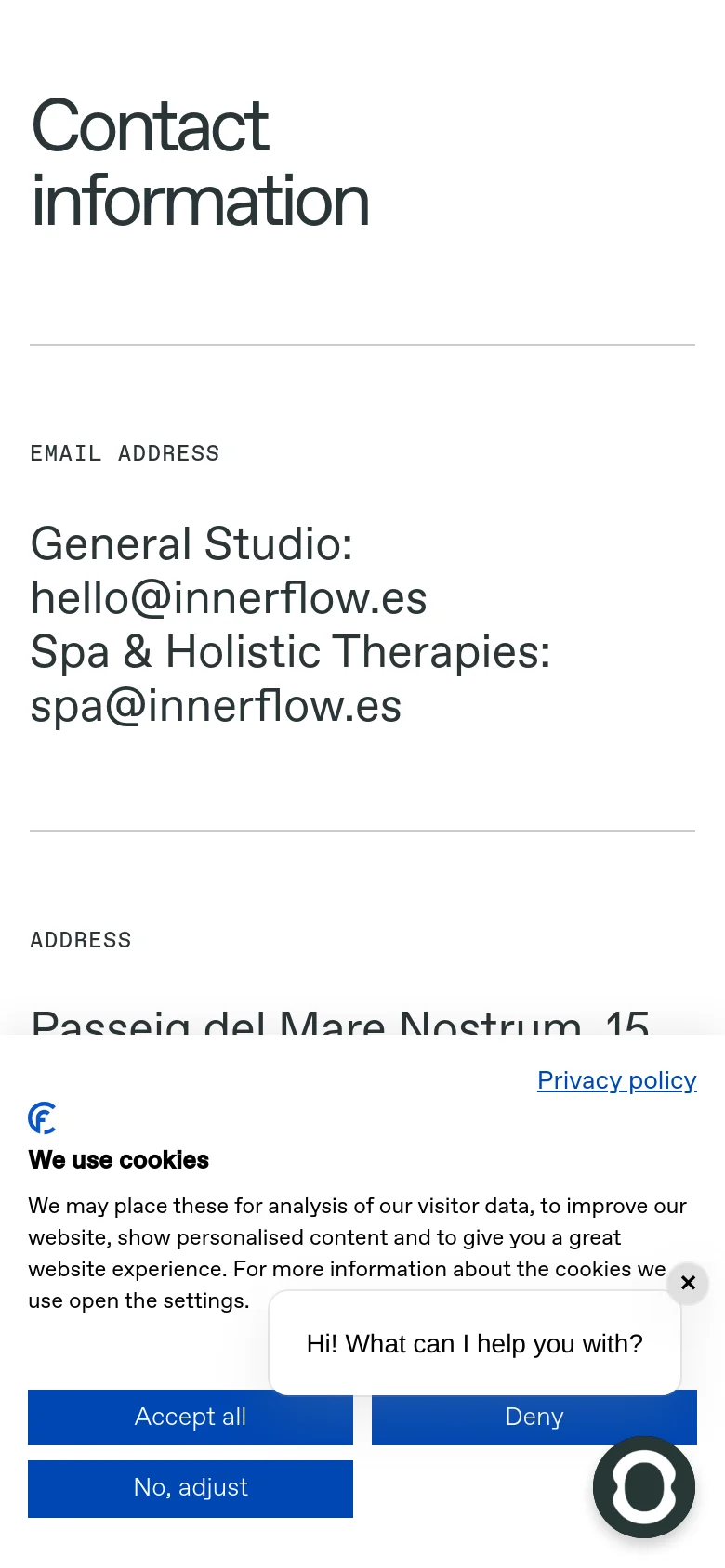 The mobile version presents a simplified vertical stack of the contact information, emphasizing readability with large text. The layout is streamlined for a narrow screen, maintaining the same minimalist white and grey color scheme, while the cookie banner and chat widget occupy the bottom of the viewport.