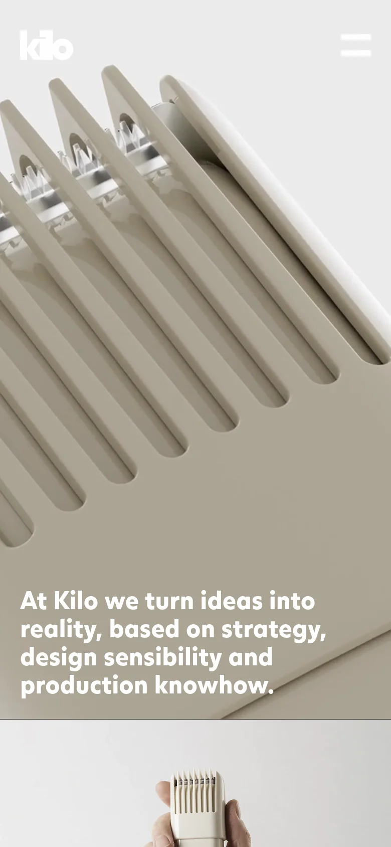 The mobile version maintains the minimalist aesthetic but scales the hero image and typography for a vertical orientation. The headline is centered and stacked, and the 'Kilo' logo and hamburger menu are positioned at the top of the screen to accommodate a narrower viewport.