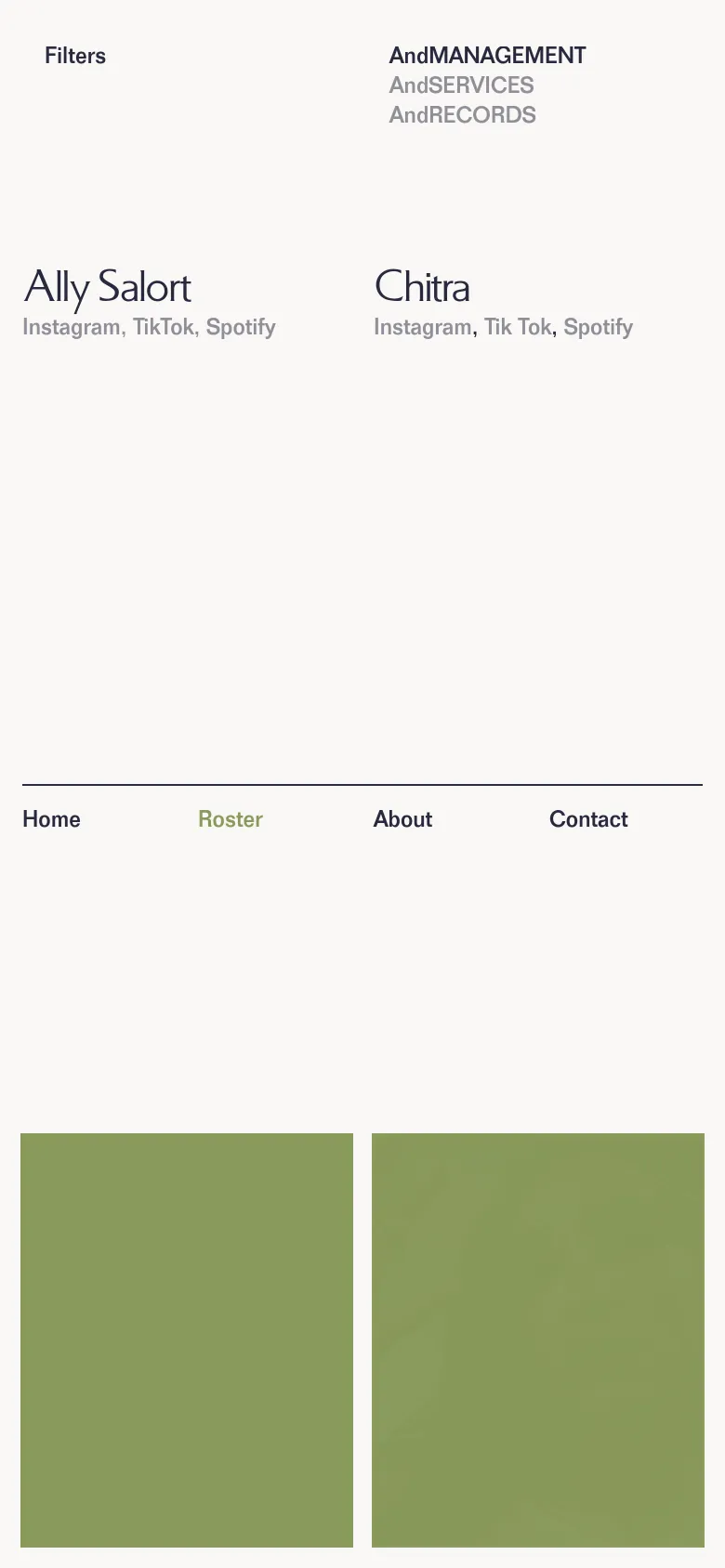 The mobile version maintains the minimalist white aesthetic but uses a vertical single-column layout for the artist profiles. The navigation menu and filters are condensed, and the artist names and social links are stacked above their respective images to fit the narrower screen width.