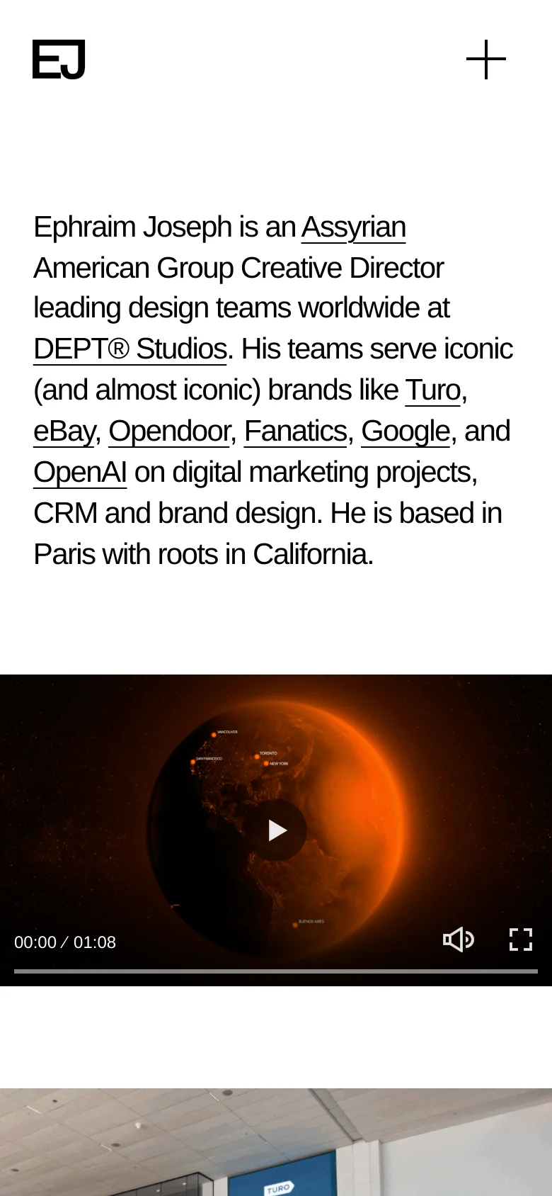 The mobile version maintains the minimalist aesthetic but uses a stacked layout. The introductory text is prominently displayed at the top, followed by the video hero section which occupies the full width of the screen. The project showcase below transitions from a multi-column grid to a single-column vertical scroll for easier viewing.