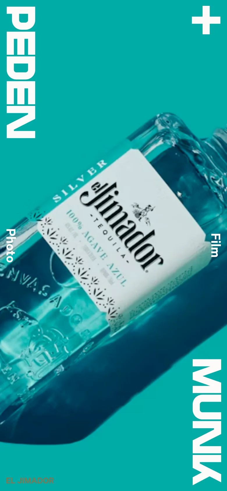 The mobile version maintains the teal background and tequila bottle hero imagery but reorients the layout for a vertical screen. The brand name 'PEDEN MUNK' is stacked vertically along the sides, and the navigation links 'Photo' and 'Film' are positioned centrally on the left and right edges. The overall aesthetic remains high-contrast and minimalist, optimized for portrait viewing.