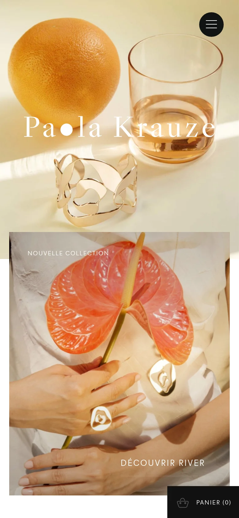 The mobile version uses a stacked layout, beginning with a large hero image of the jewelry and grapefruit, followed by the brand name. The navigation is condensed into a black hamburger menu icon at the top right. The 'DÉCOUVRIR RIVER' call to action and a black 'PANIER (0)' shopping bag bar at the bottom are prominent.