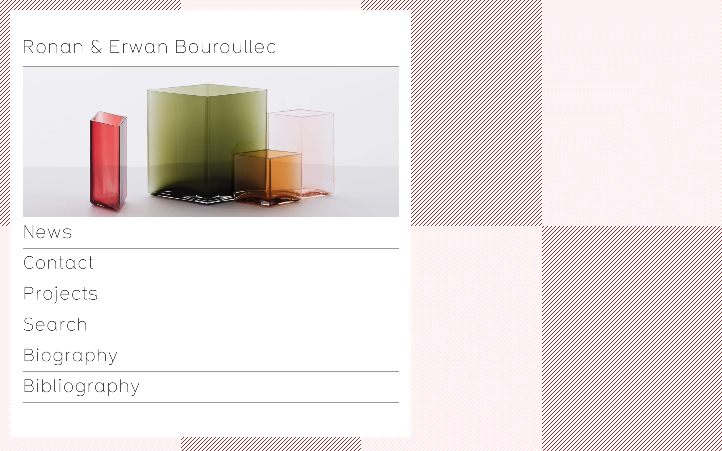 The desktop homepage for Ronan & Erwan Bouroullec features a minimalist white layout with a pink diagonal striped background. A central white card contains the studio name, a hero image of colorful translucent glass cubes, and a vertical navigation menu with links for News, Contact, Projects, Search, Biography, and Bibliography.