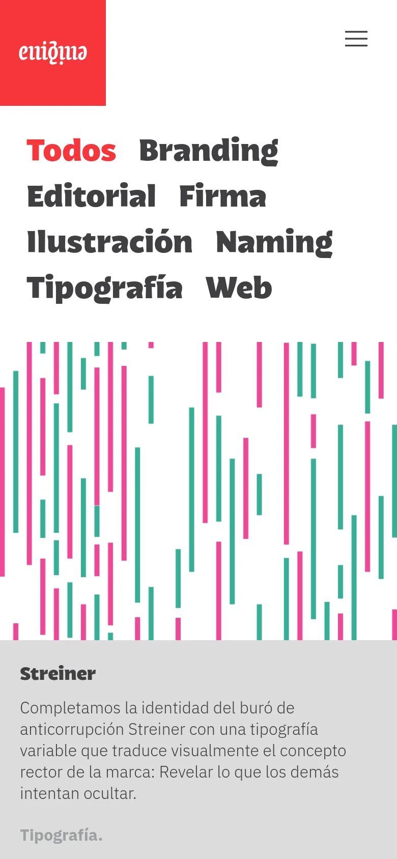 The mobile version simplifies the layout, moving the red logo to the top left and replacing the desktop navigation with a hamburger menu icon. The project categories are stacked vertically in large, bold text, followed by a single-column scroll of project cards that feature large imagery and descriptions.