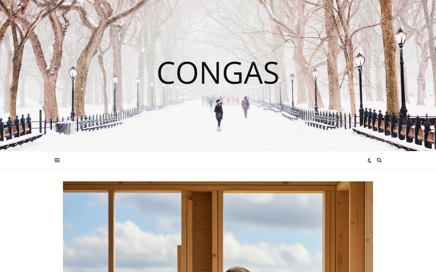 Desktop view of a blog post titled 'Tømrer Brøndby: Find den Bedste Løsning til Dit Projekt'. A large hero image shows a snowy park path with trees and people, overlaid with the text 'CONGAS'. Below the header, a carpenter works at a wooden bench in a construction frame, followed by article text and headings on a white background.