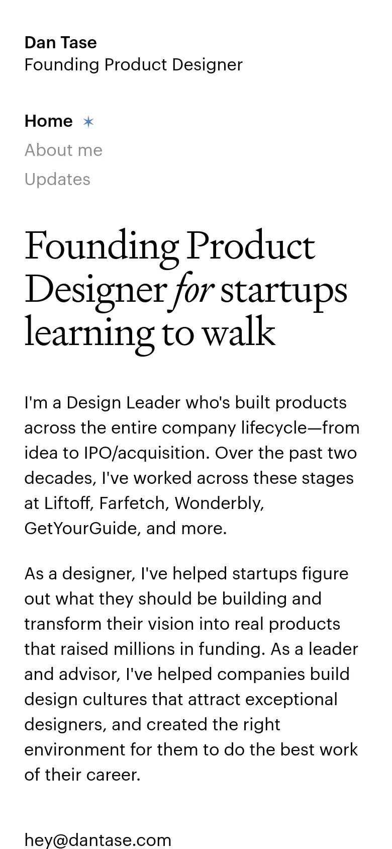 The mobile version presents a single-column vertical layout optimized for small screens. The header contains the name and title, followed by a navigation list, and then the large headline and biographical text stacked vertically. The text size is adjusted for readability on a narrow viewport.