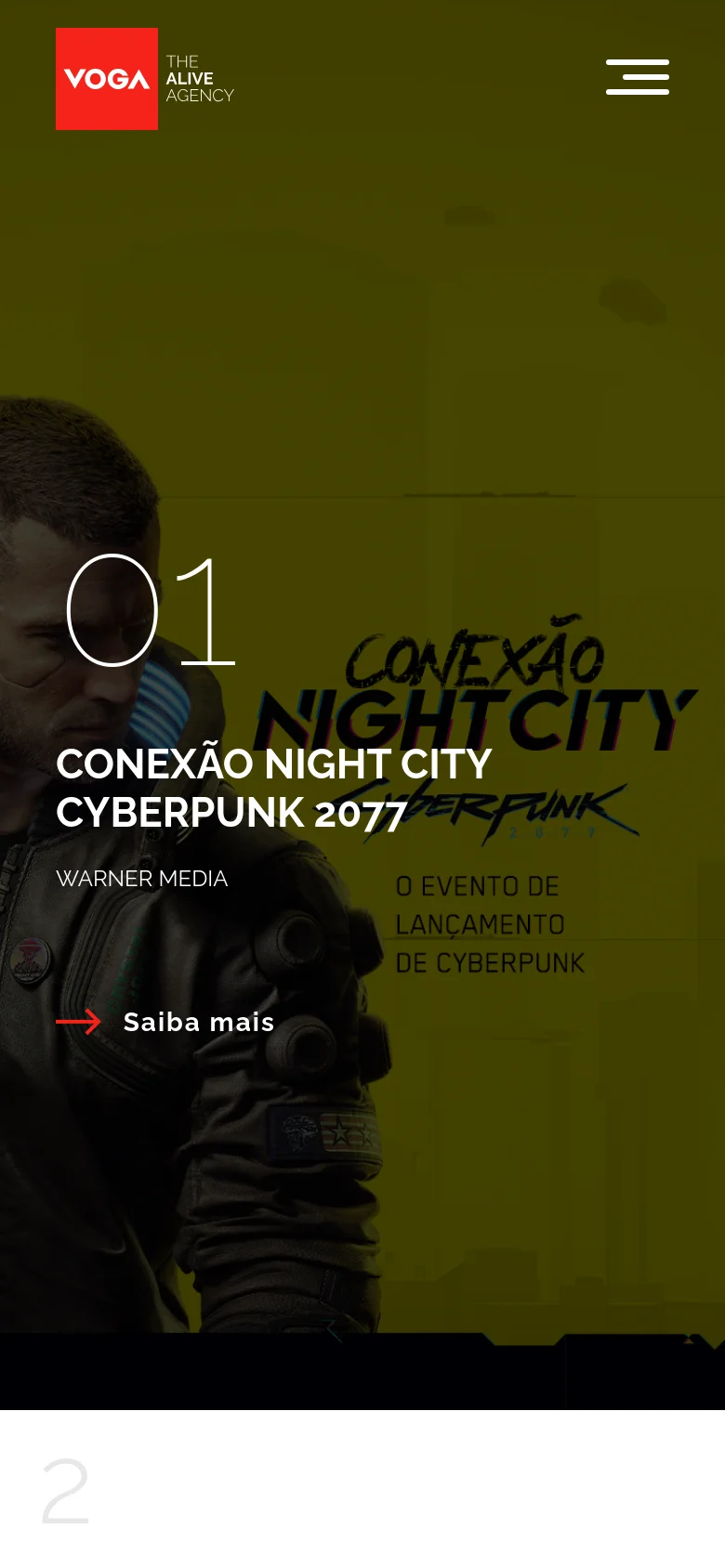 The mobile version transitions to a full-width immersive layout with large, high-contrast typography over a dark, atmospheric background image. A single case study is featured prominently with a large number, a bold title, and a red arrow call-to-action, while the navigation is condensed into a hamburger menu icon.