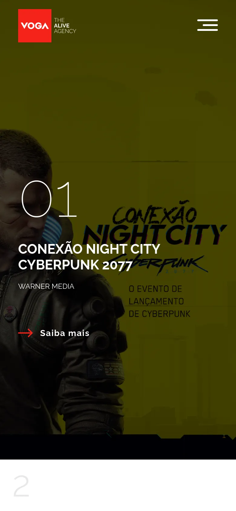 The mobile version transitions to a full-width immersive layout with large, high-contrast typography over a dark, atmospheric background image. A single case study is featured prominently with a large number, a bold title, and a red arrow call-to-action, while the navigation is condensed into a hamburger menu icon.