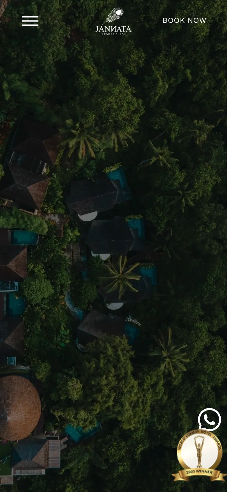 The mobile version shows a simplified view of the aerial jungle background. The navigation is condensed into a hamburger menu icon on the top left, the Jannata Resort logo is centered at the top, and a 'Book Now' text link is on the top right.
