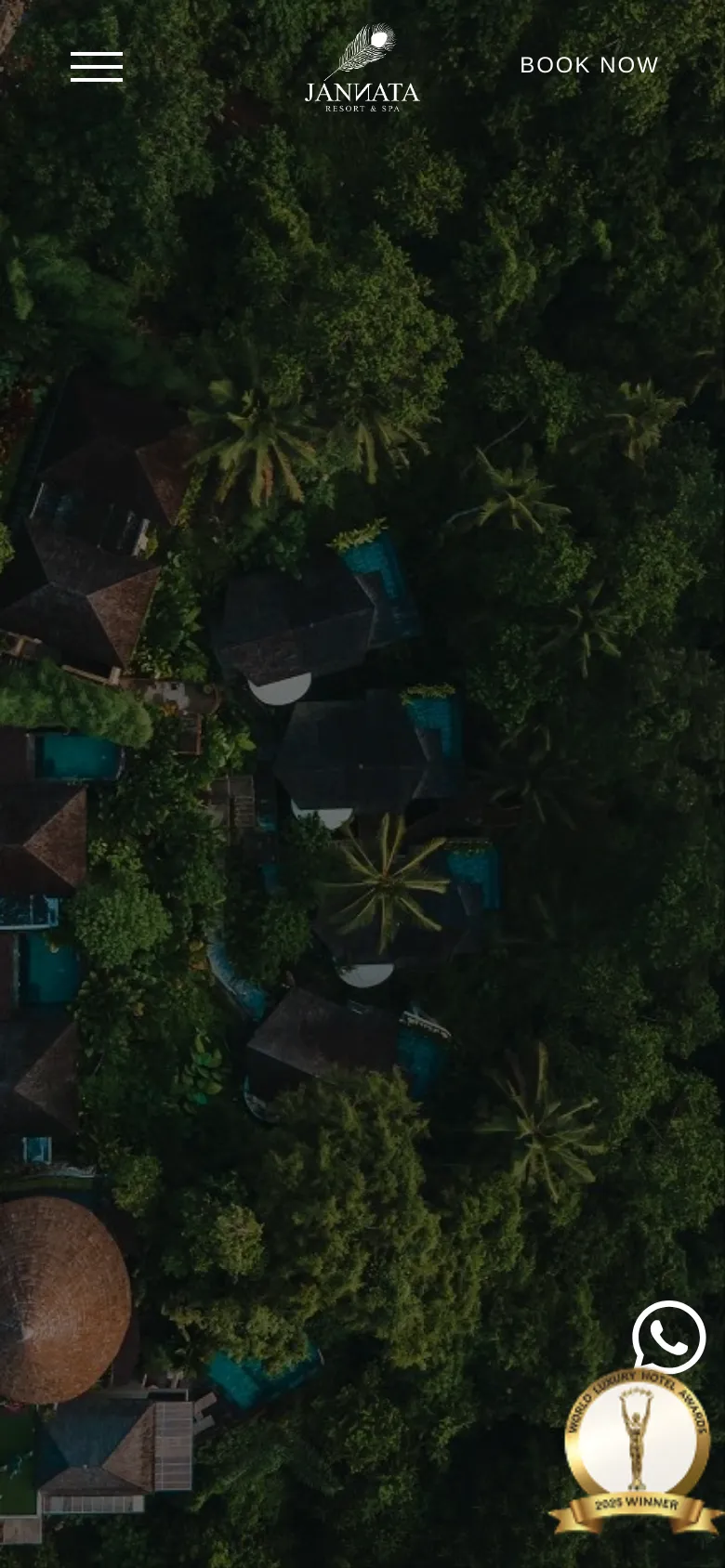 The mobile version shows a simplified view of the aerial jungle background. The navigation is condensed into a hamburger menu icon on the top left, the Jannata Resort logo is centered at the top, and a 'Book Now' text link is on the top right.
