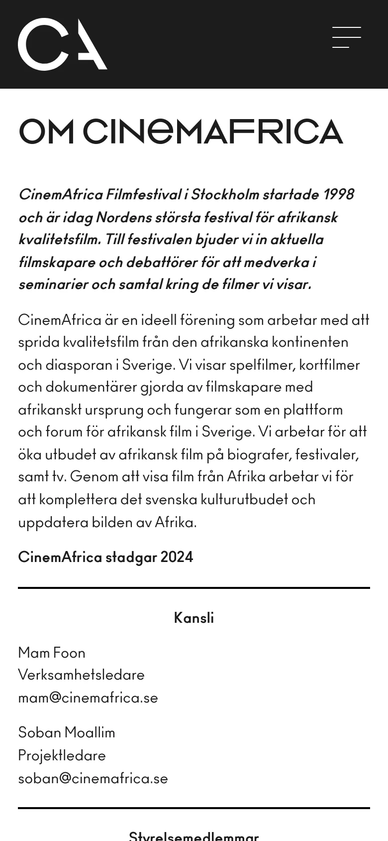 The mobile version presents a simplified layout with a dark header containing a large white 'CA' logo and a hamburger menu icon on the right. The main content follows on a white background with the 'OM CINEMAFRICA' headline, text blocks, and contact information stacked vertically for easy scrolling.