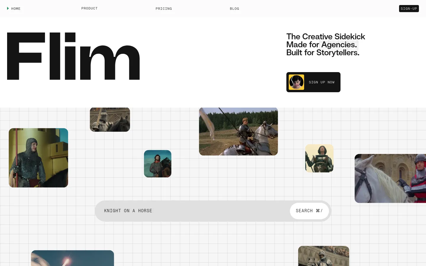 The desktop homepage features a clean, white background with a large black 'Flim' logo on the left and a headline reading 'The Creative Sidekick Made for Agencies. Built for Storytellers.' on the right. A black 'SIGN UP NOW' button sits below the headline, and a search bar labeled 'KNIGHT ON A HORSE' is positioned at the bottom of the hero section above a grid of scattered cinematic video stills.