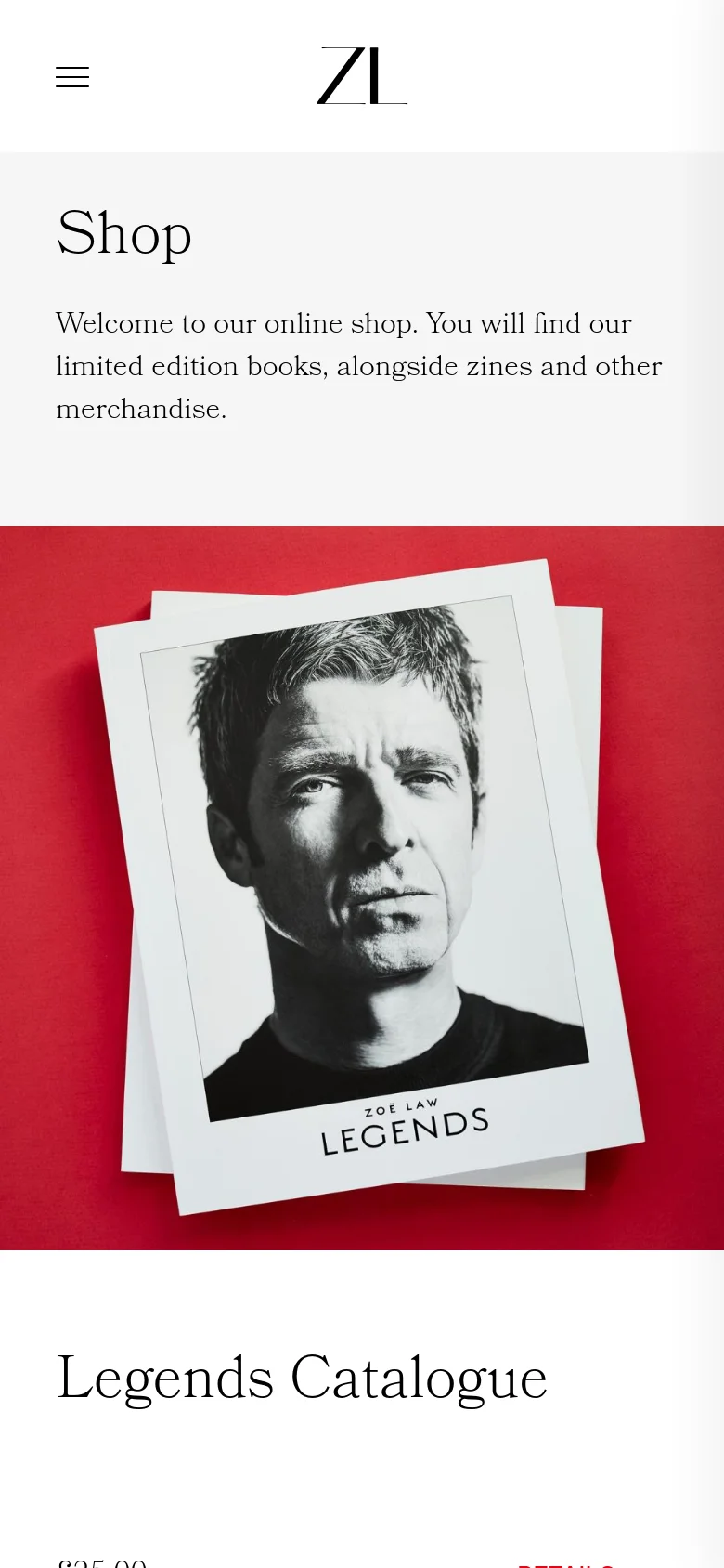 The mobile version uses a vertical layout with a condensed header containing a hamburger menu icon and a central 'ZL' logo. The 'Shop' heading and introductory text are stacked above a single, large hero image of the Legends Catalogue book. The product grid is simplified to a single column for easier scrolling on small screens.