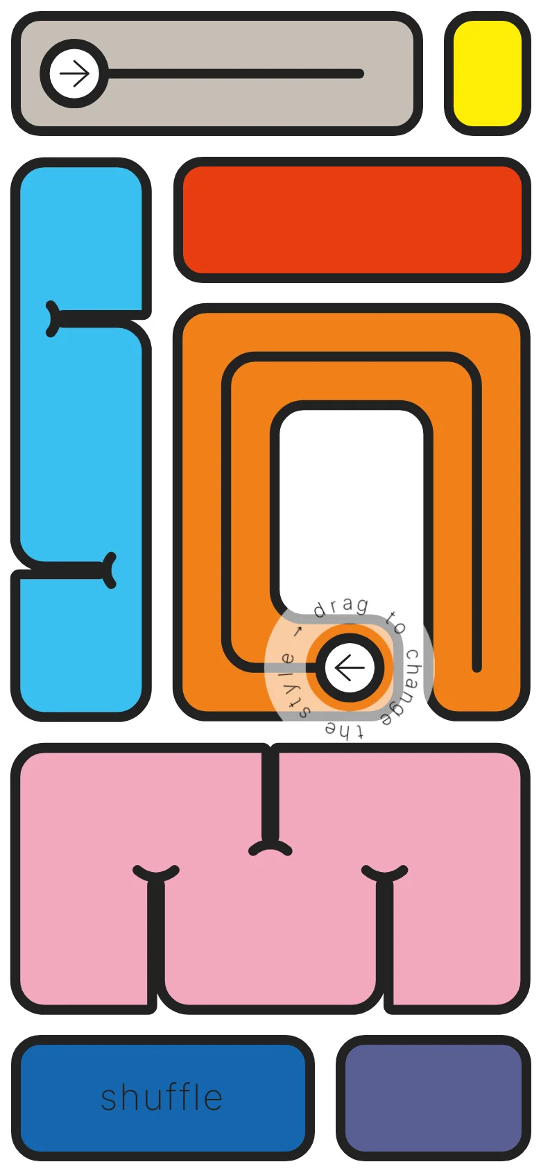 The mobile version presents a vertically stacked, condensed version of the experimental homepage. The large, colorful rounded shapes and thick black outlines remain, but the layout is reorganized into a single column to fit the narrow screen, prioritizing the interactive elements and primary text blocks.