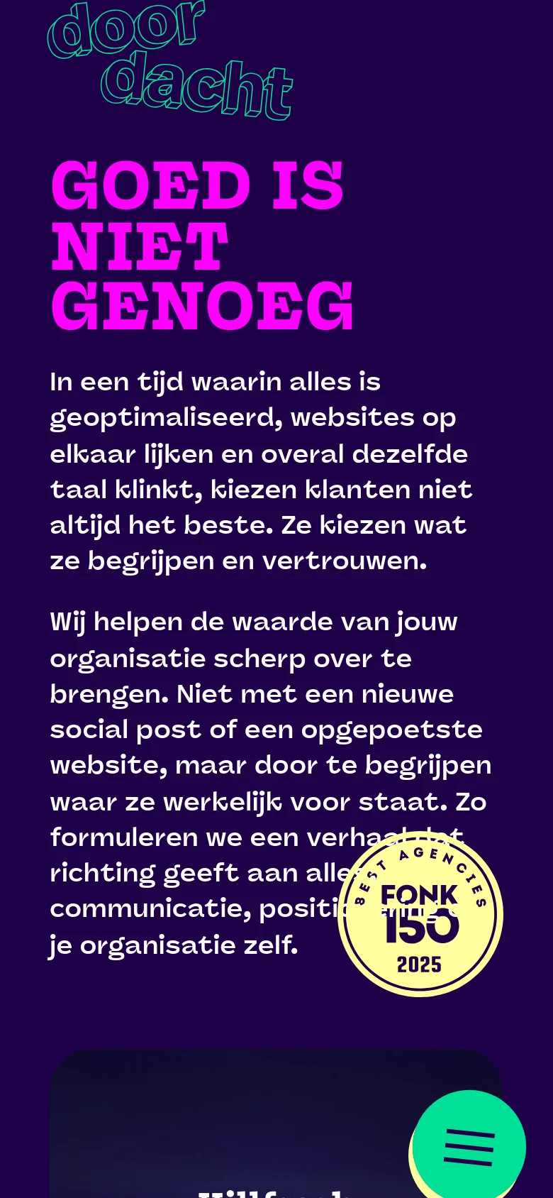 The mobile version presents a vertically stacked layout with the same dark purple and bright pink color scheme. The large headline and text are centered, and the 'FONK 150 2025' badge is positioned near the bottom right. A large teal circular menu button is prominent in the bottom right corner for navigation.
