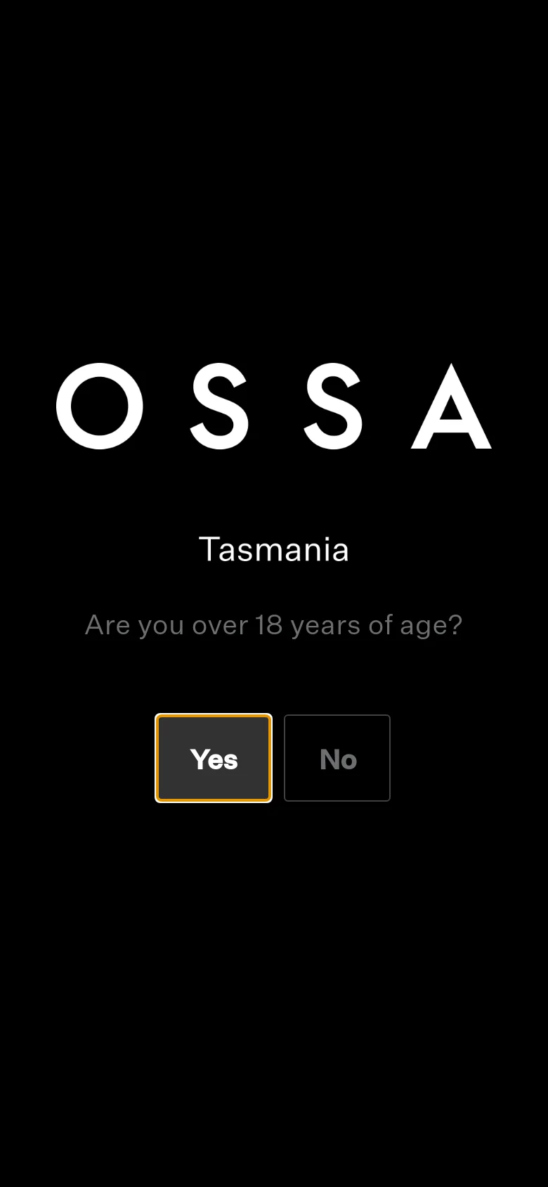 The mobile version presents a simplified view, starting with a black age-verification screen asking 'Are you over 18 years of age?' with prominent 'Yes' and 'No' buttons. The background is solid black, contrasting with the desktop version's large mountain hero image and detailed navigation.