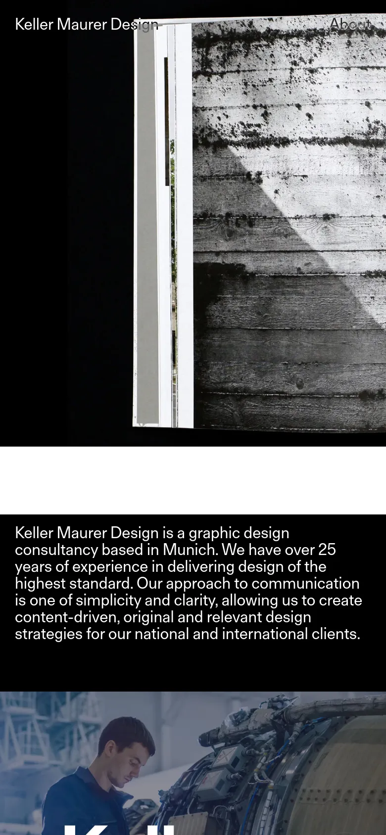 The mobile version presents a vertically stacked layout optimized for small screens, focusing on large, full-width black and white imagery. The branding and navigation links are simplified, and the descriptive text block appears below the primary visual elements, maintaining the high-contrast black and white aesthetic.