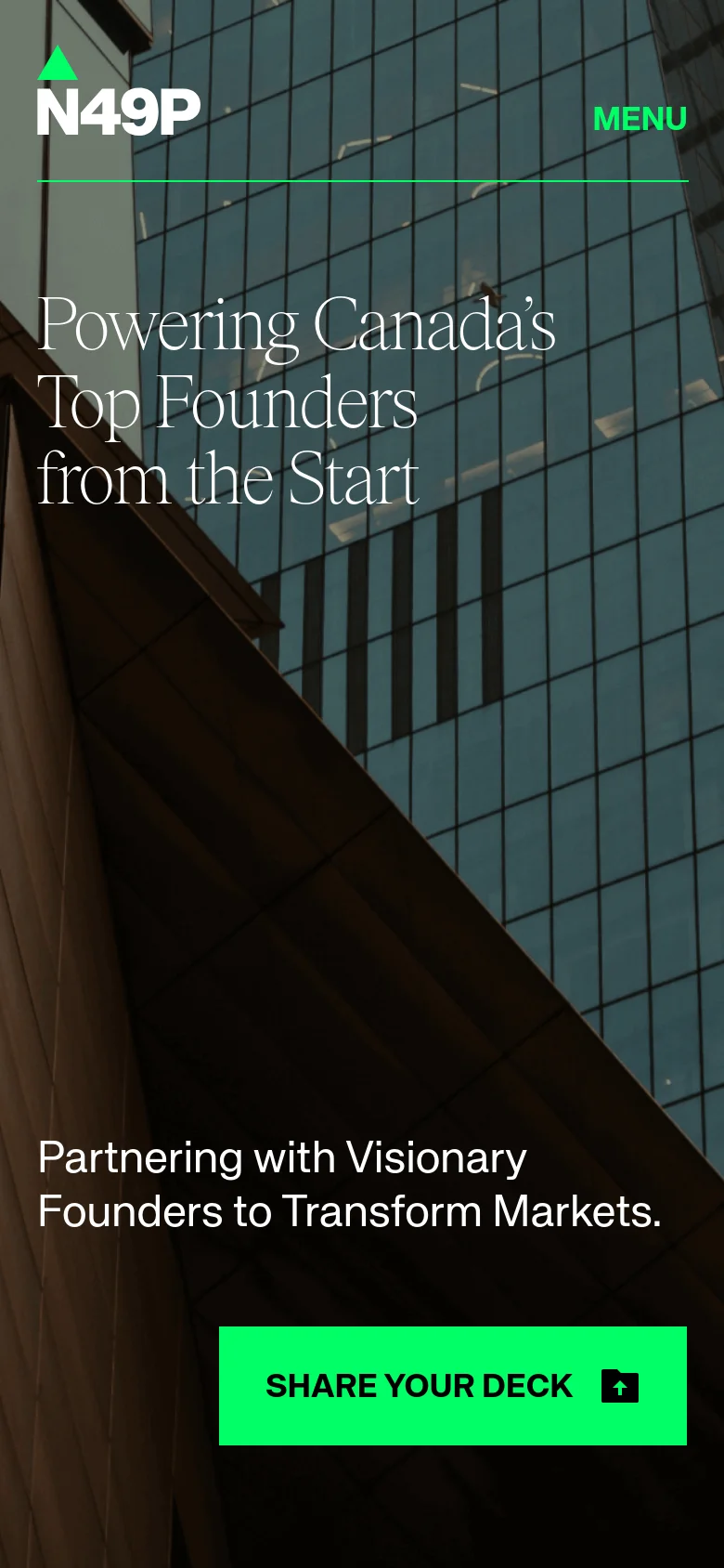The mobile version simplifies the layout, featuring the same skyscraper hero image and white serif headline. The navigation is condensed into a 'MENU' link at the top right, and the bright green 'SHARE YOUR DECK' button is positioned prominently at the bottom of the viewport.