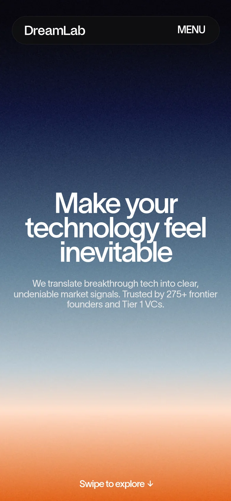 The mobile version presents a similar dark gradient background but uses a simplified layout with a centered, stacked headline and subheadline. The top navigation is condensed into a 'DreamLab' logo on the left and a 'MENU' button on the right.