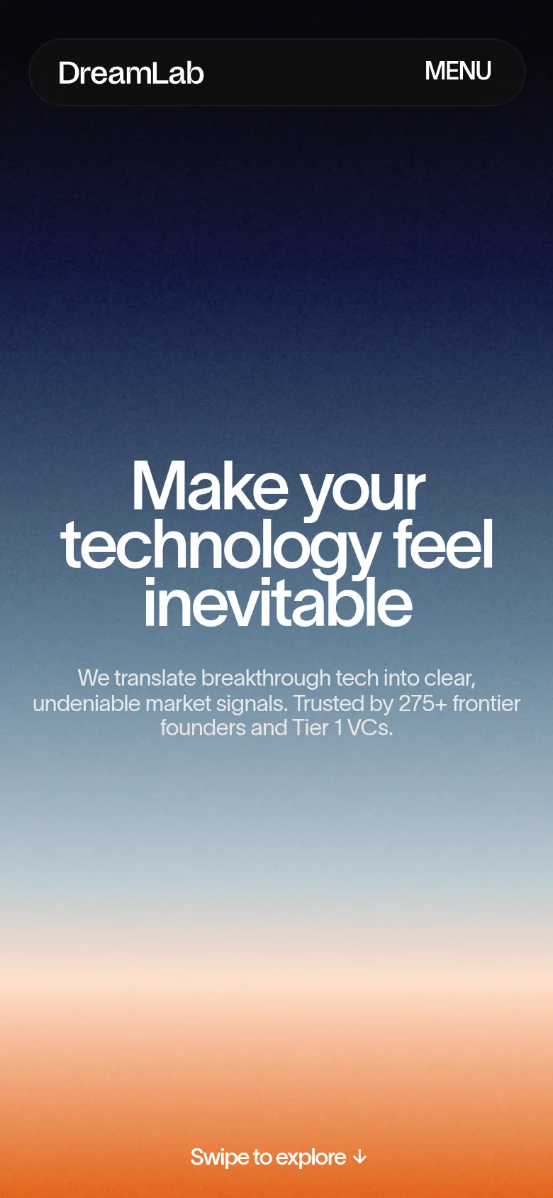 The mobile version presents a similar dark gradient background but uses a simplified layout with a centered, stacked headline and subheadline. The top navigation is condensed into a 'DreamLab' logo on the left and a 'MENU' button on the right.