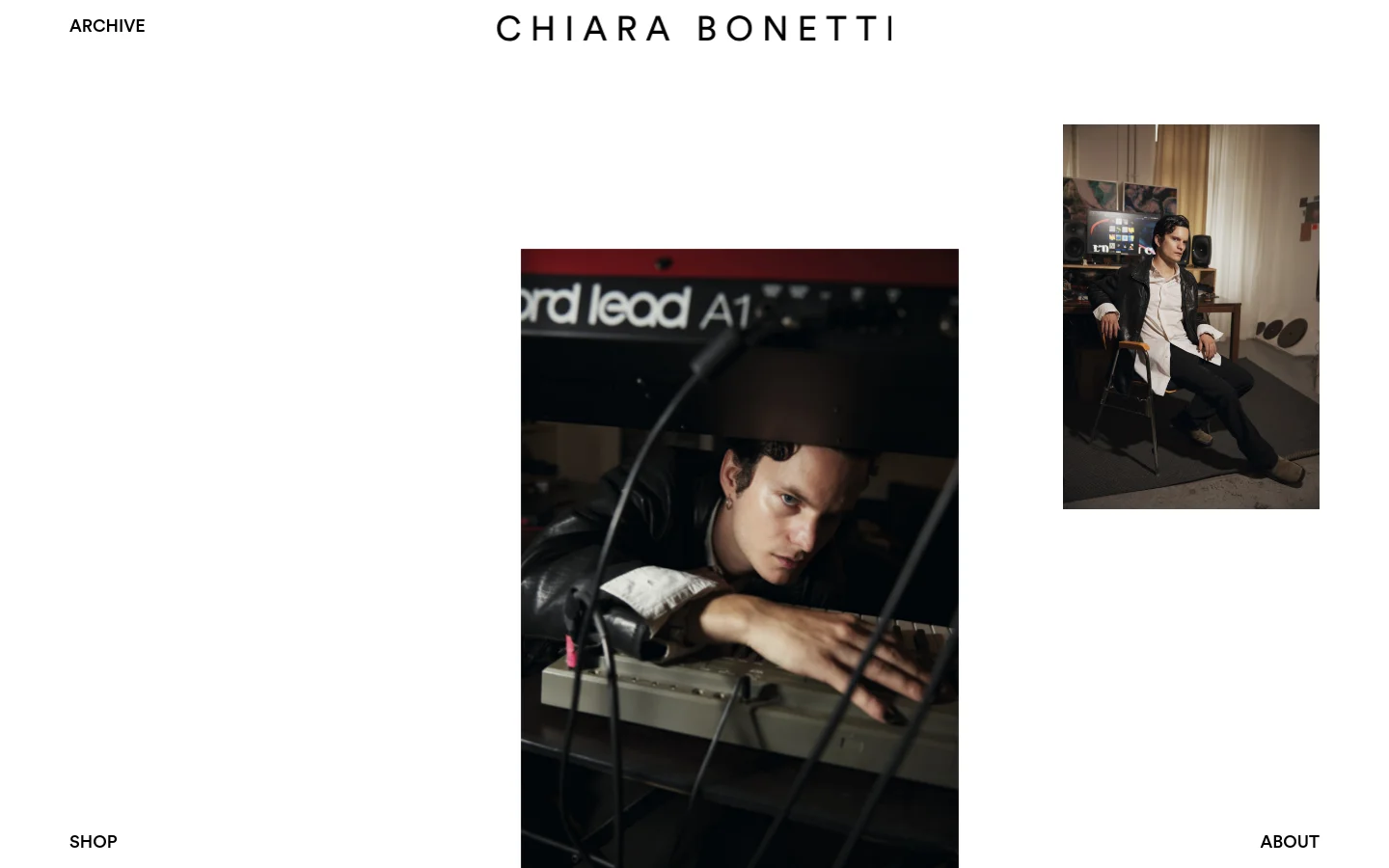 The desktop page features a minimalist white layout with the name CHIARA BONETTI in large black serif text at the top. A vertical gallery displays portrait photographs, including a large close-up of a musician at a keyboard and a smaller shot of a man sitting in a studio. Navigation links for Archive, Shop, and About are placed in the corners of the screen.
