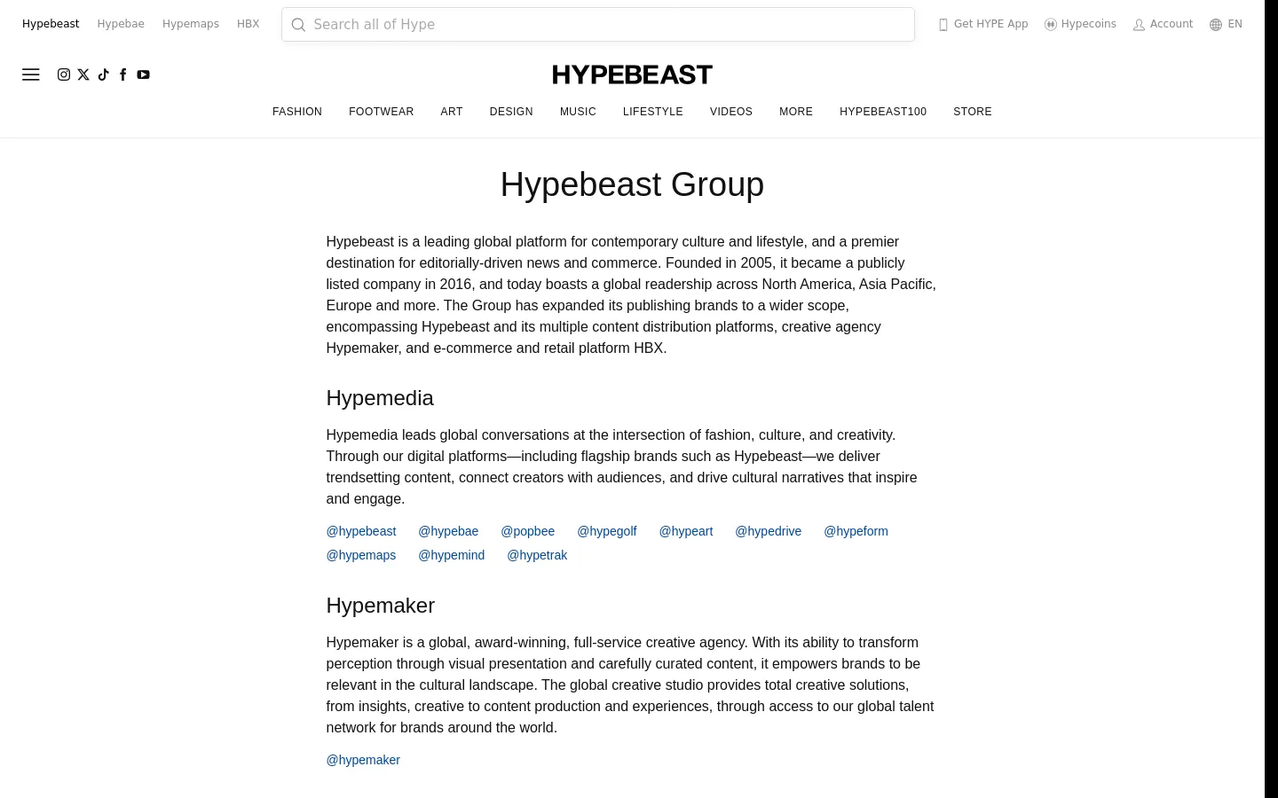 The desktop version of the Hypebeast Group About Us page features a clean, minimalist white background with black text. A top navigation bar includes the Hypebeast logo, categories like Fashion and Footwear, and a search bar. The main content area uses large, bold headings for 'Hypebeast Group', 'Hypemedia', and 'Hypemaker', followed by descriptive paragraphs and social media handles.