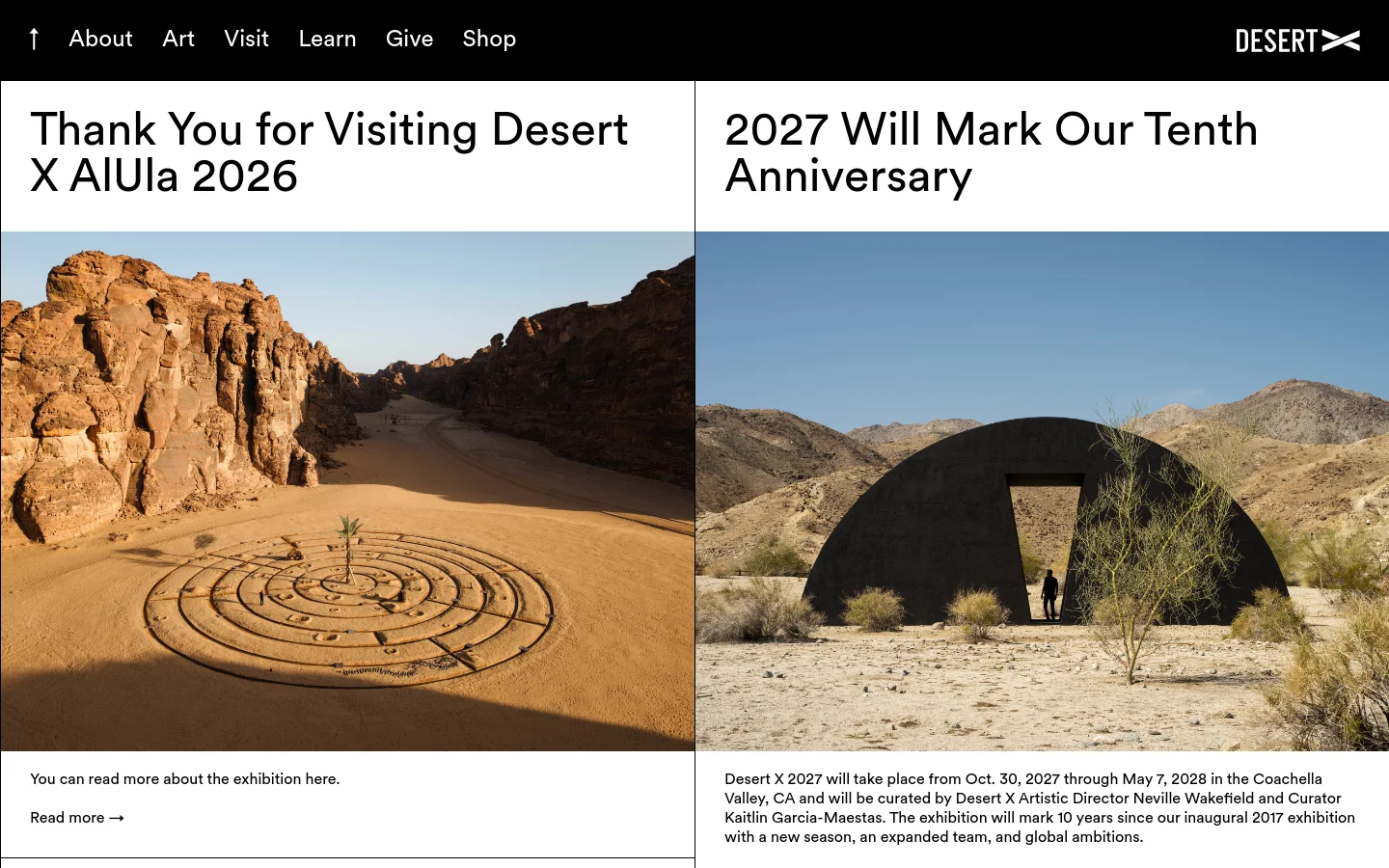 The Desert X homepage features a minimalist black header with white text navigation and a logo. The main content is split into two large sections: the left side displays a headline 'Thank You for Visiting Desert X AlUla 2026' above a wide landscape photo of a sand labyrinth in a rocky canyon, while the right side shows '2027 Will Mark Our Tenth Anniversary' above a photo of a dark, arched installation in a desert landscape.