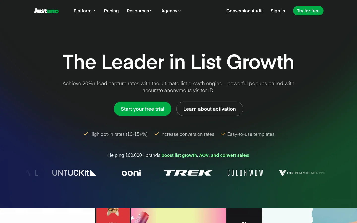 The desktop homepage features a dark gradient background with a large white headline reading 'The Leader in List Growth'. Below the headline are two primary buttons, 'Start your free trial' in green and 'Learn about activation' in outlined style, followed by three benefit bullet points with checkmarks and a scrolling row of brand logos.