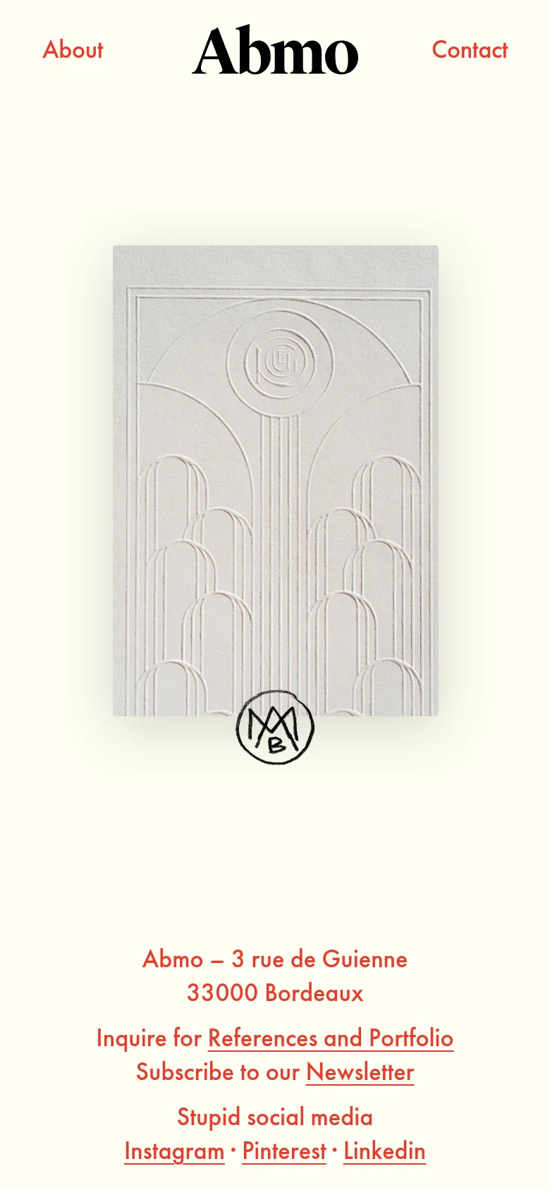 The mobile version maintains the minimalist cream and black aesthetic but uses a stacked layout. The 'Abmo' logo is centered at the top, with 'About' and 'Contact' links positioned above it, and the central graphic remains prominent. The footer links are centered and vertically stacked for easier tapping on a smaller screen.